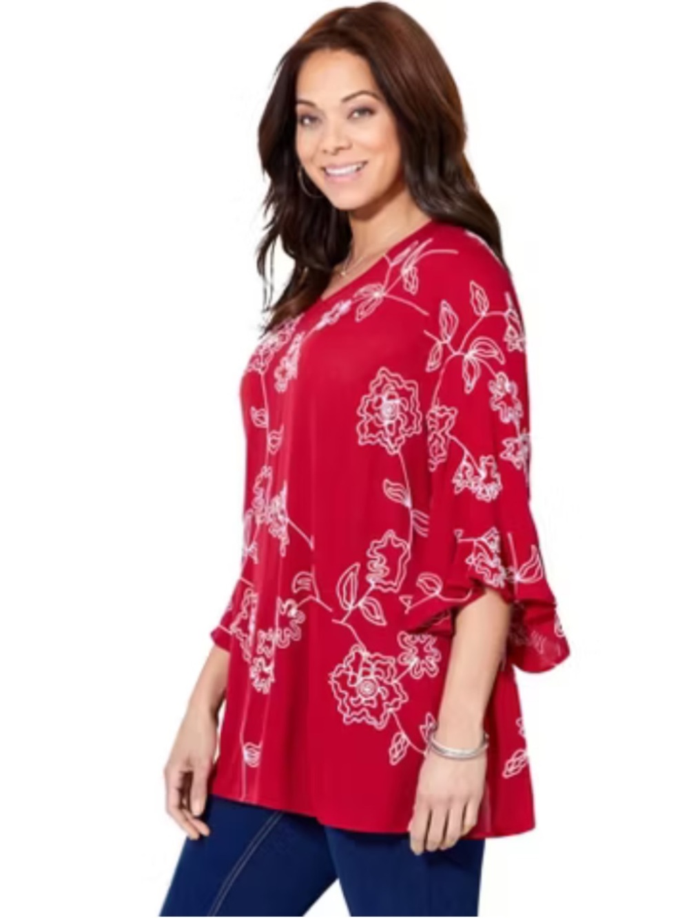 Catherine's Vibrant Red Floral Embroidered Gauzy Tunic Top Plus Size 3XWP Boho